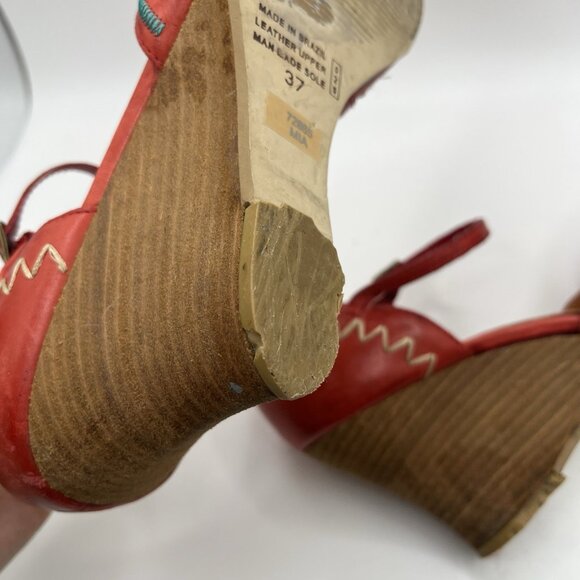 Bronx Women’s Red Leather Wedge Sandals Size 37 EU, US 6.5-7 Embroidered Brazil - Picture 8 of 13